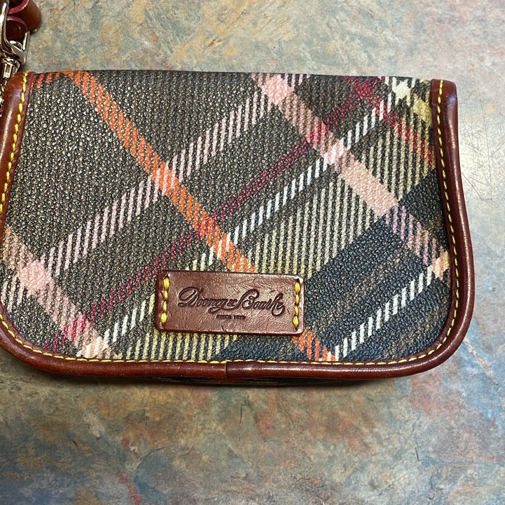 Dooney & Bourke brown plaid wristlet with cognac leather trim and strap. - Picture 3 of 7